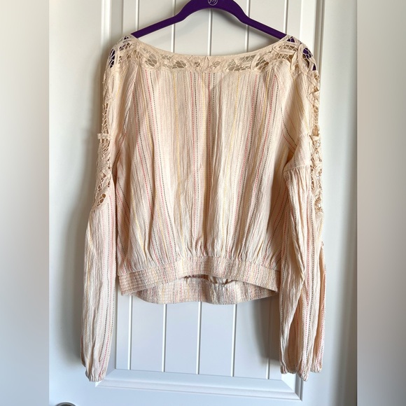 Free People Cream Lace & Striped Detail Peasant Top, XS - Picture 8 of 14